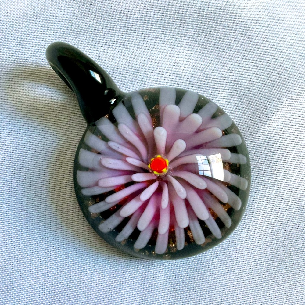Handcrafted Lampwork Glass Pendant. Round. Pale Purple Flower.